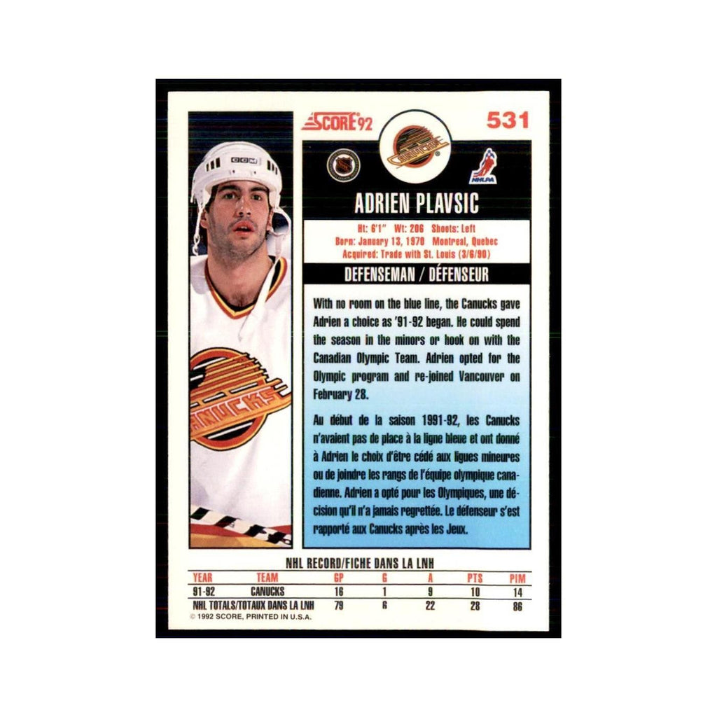 1992 Score Canadian Adrien Plavsic Vancouver Canucks #531