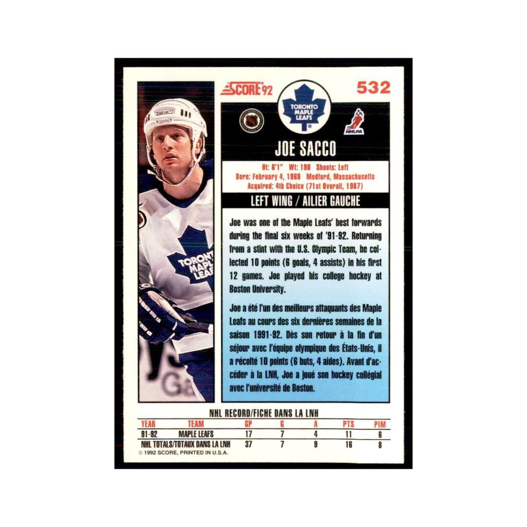 1992 Score Canadian Joe Sacco Toronto Maple Leafs #532