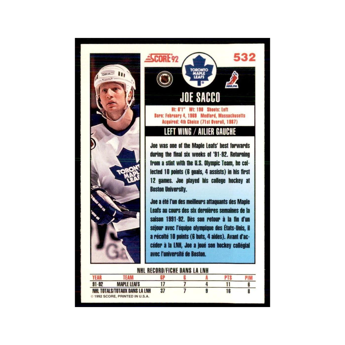 1992 Score Canadian Joe Sacco Toronto Maple Leafs #532