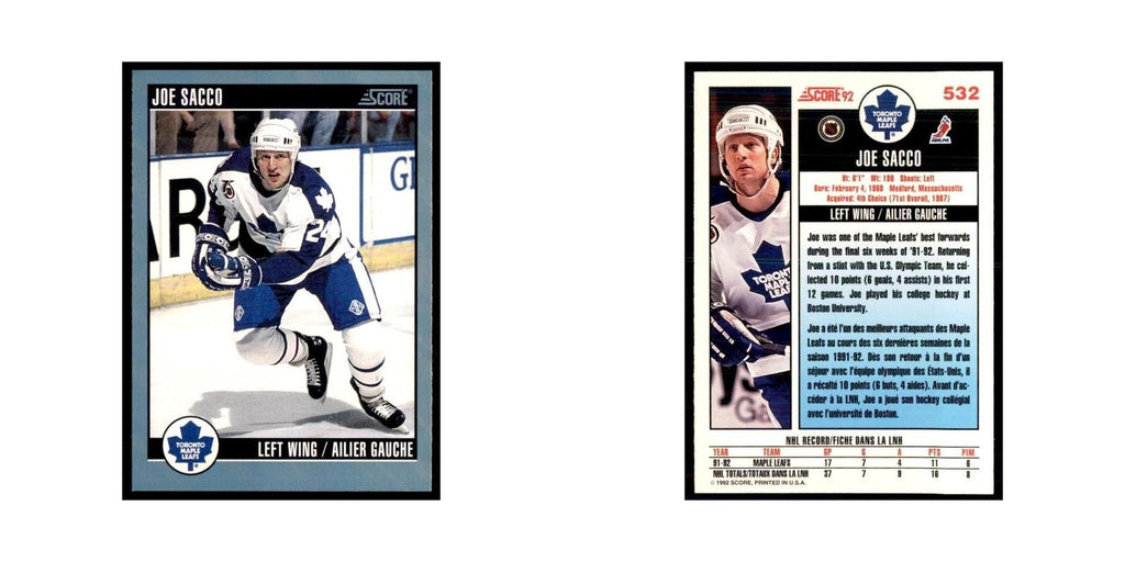 1992 Score Canadian Joe Sacco Toronto Maple Leafs #532