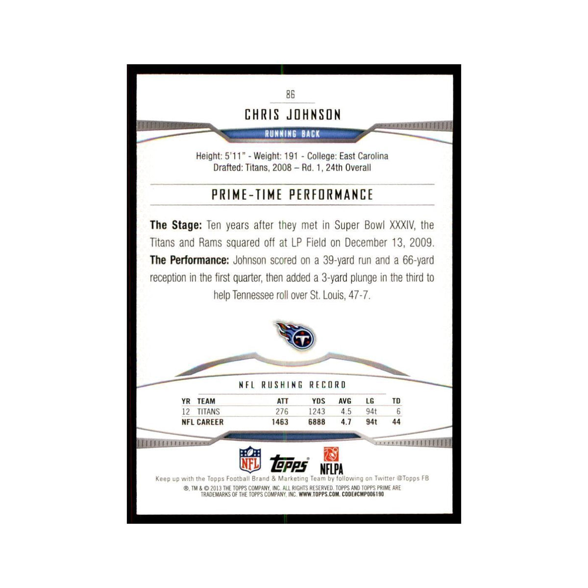 2013 Topps Prime Chris Johnson Football Cards #86