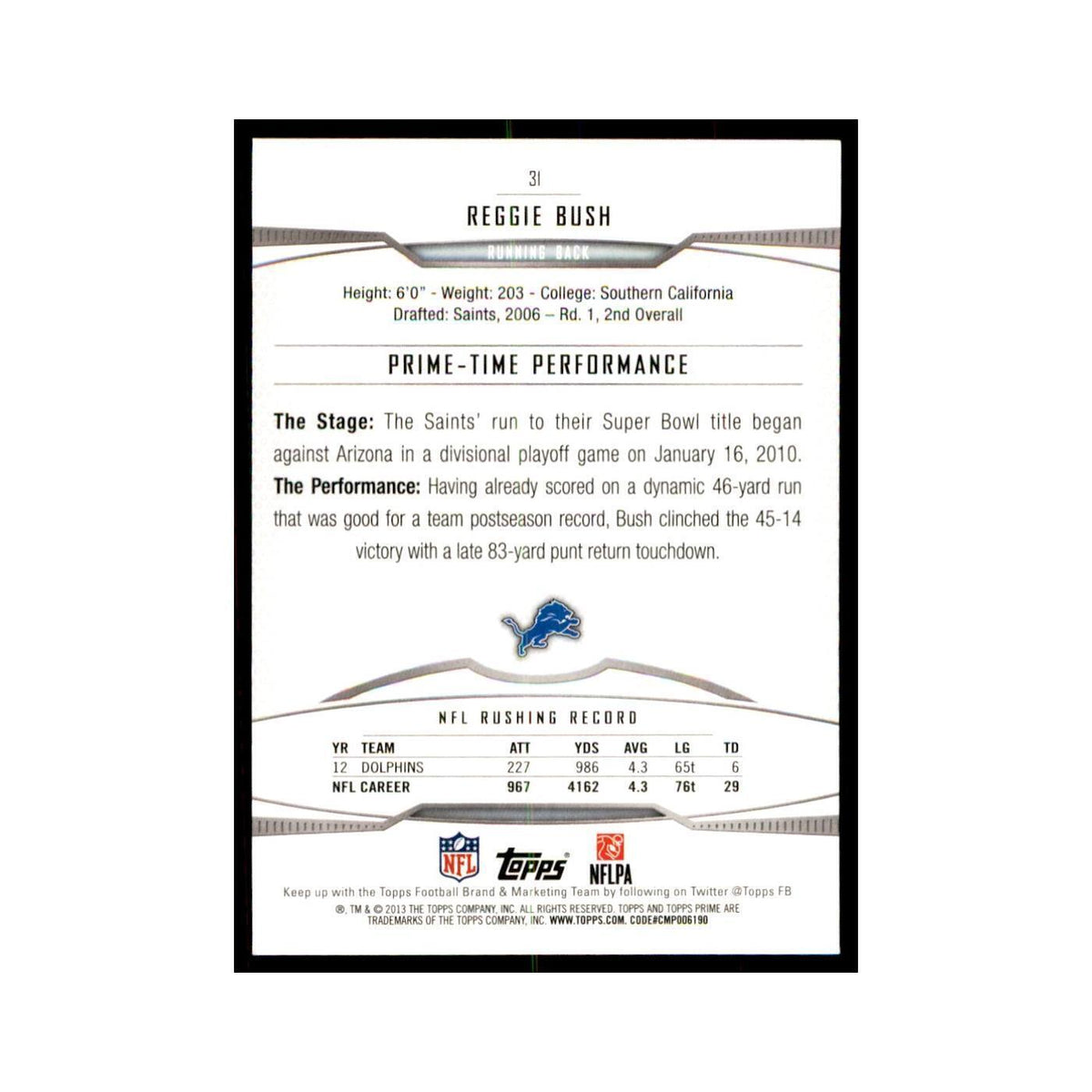 2013 Topps Prime Reggie Bush Football Cards #31