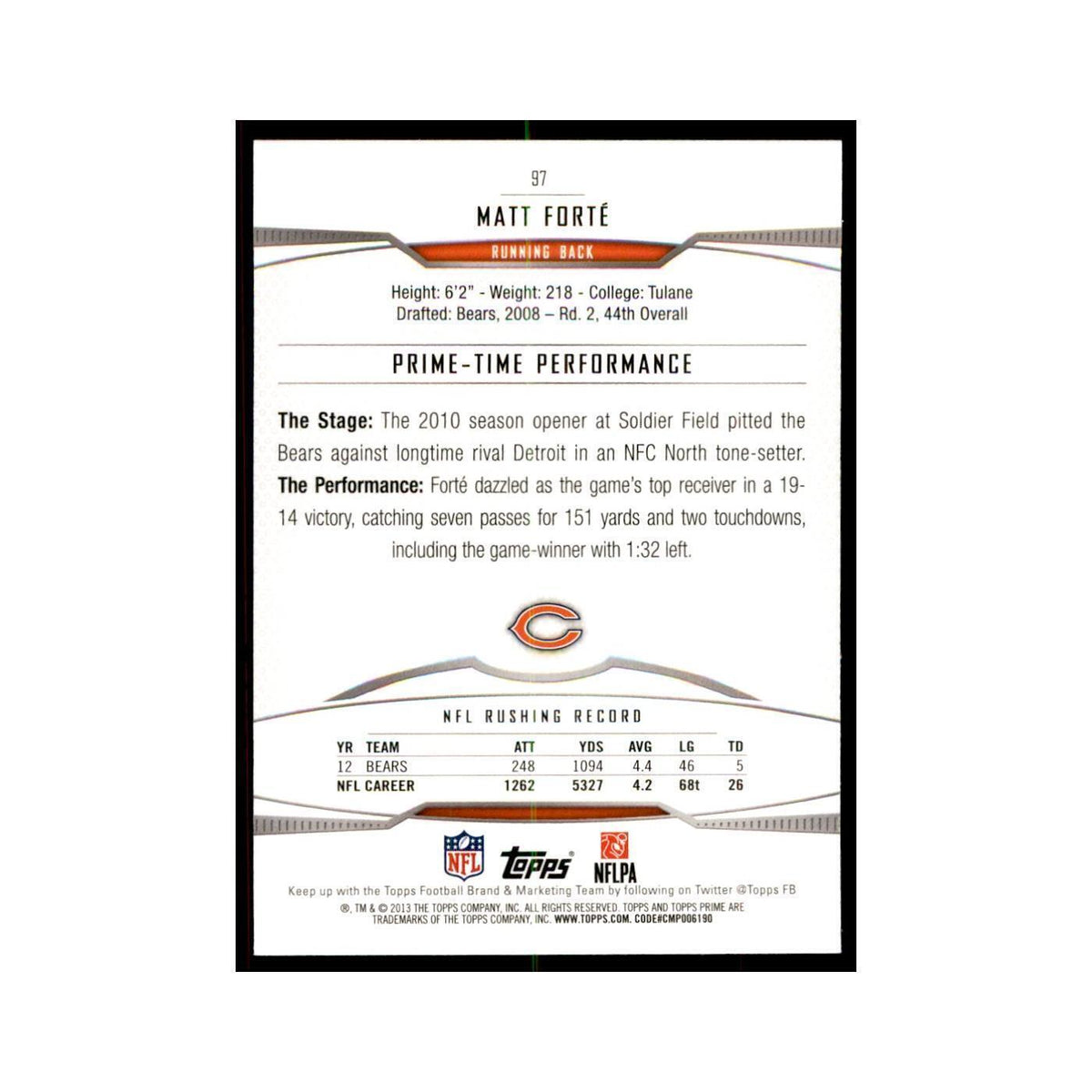 2013 Topps Prime Matt Forte Football Cards #97