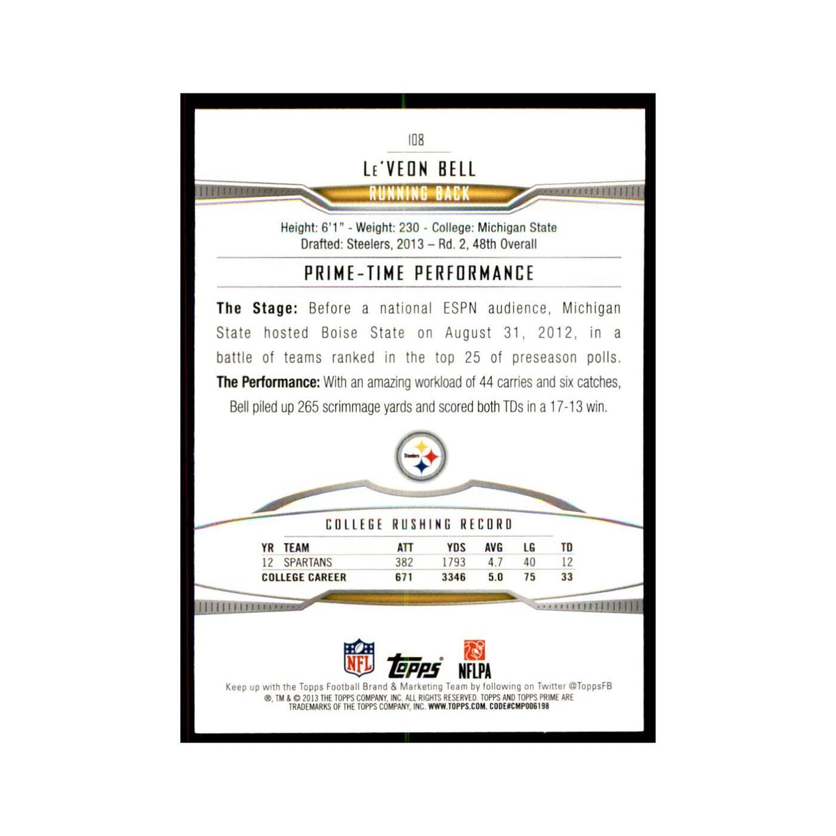2013 Topps Prime Le'Veon Bell RC Football Cards #108
