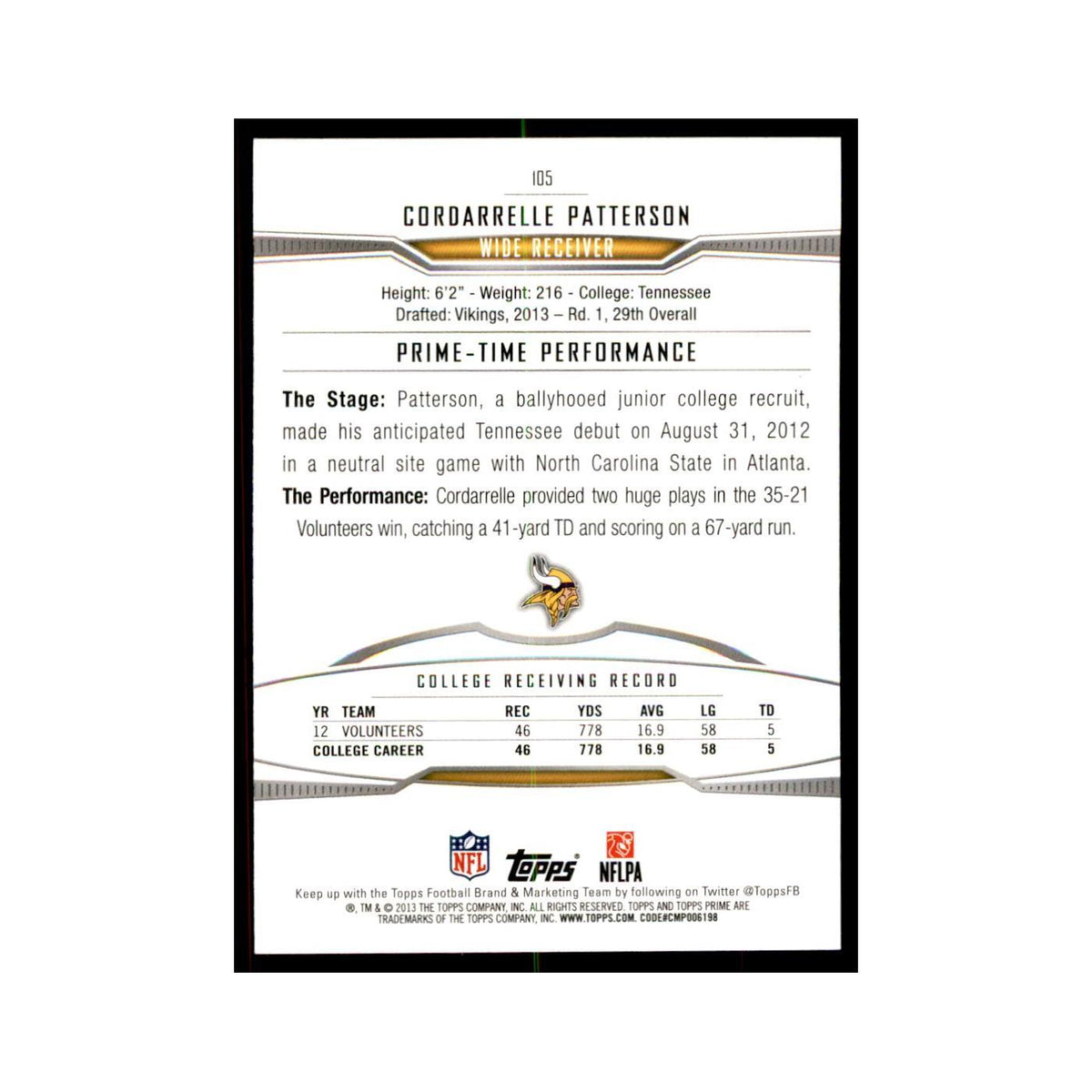 2013 Topps Prime Cordarrelle Patterson RC Football Cards #105