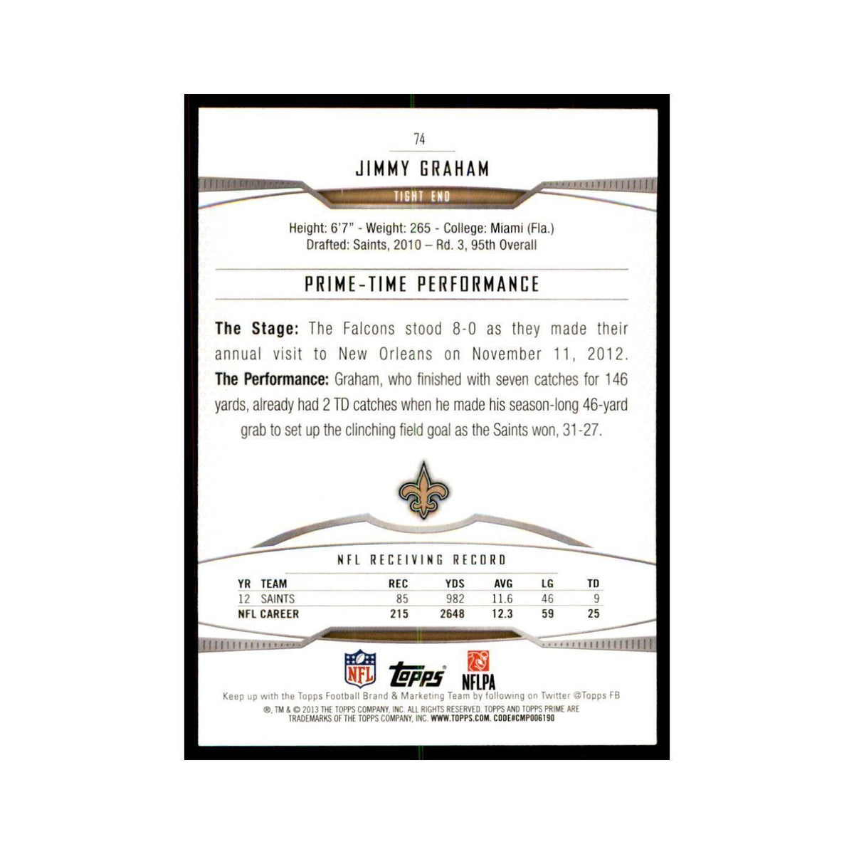 2013 Topps Prime Jimmy Graham Football Cards #74