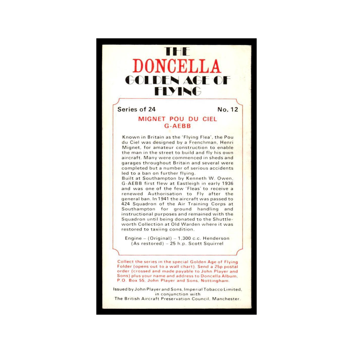 1977 Doncella Cigars Golden Age of Flying Mignet Pou Du Ciel #12