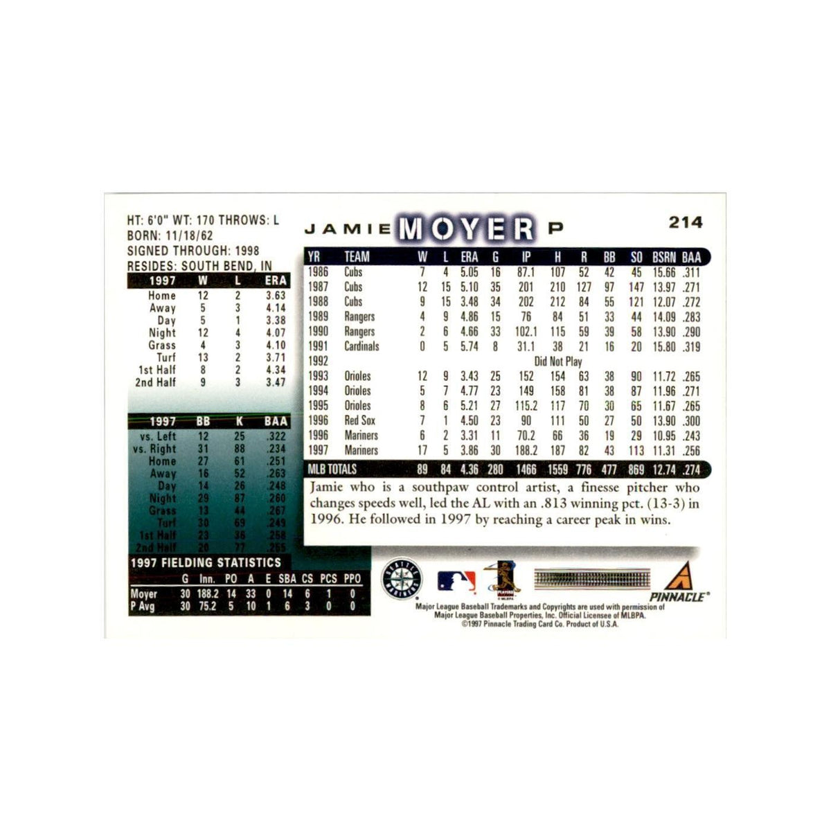 1998 Score Jamie Moyer Baseball Cards #214