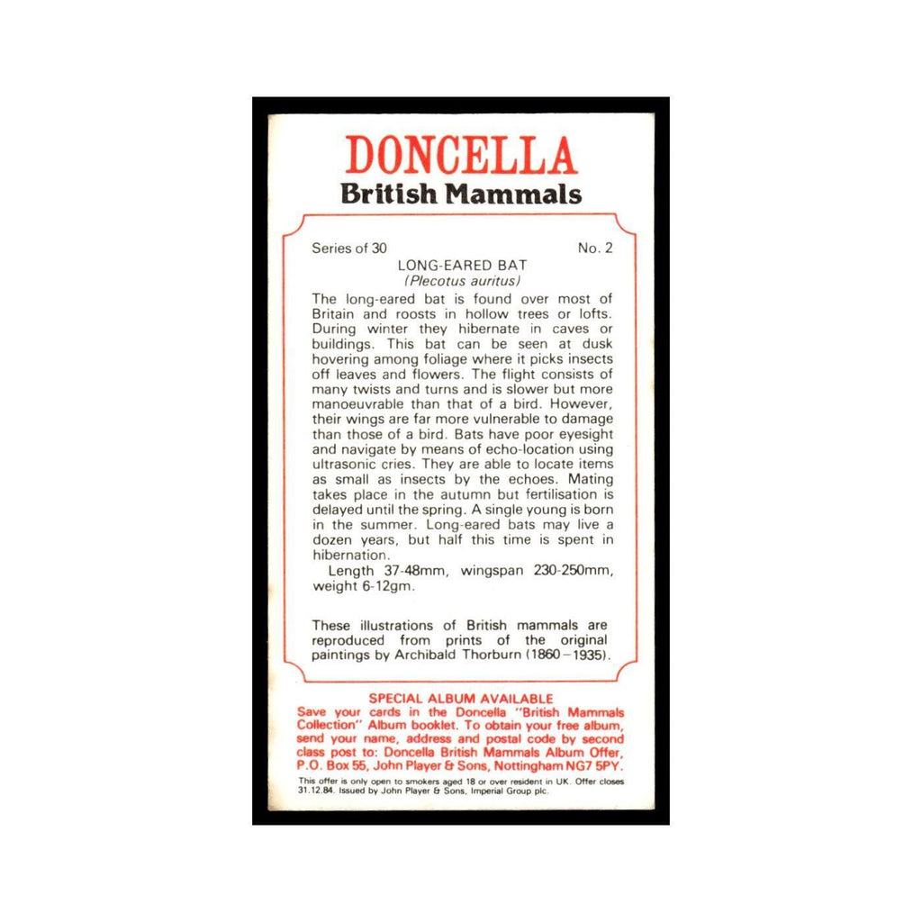 1983 Doncella Cigars British Mammals Long Eared Bat #2