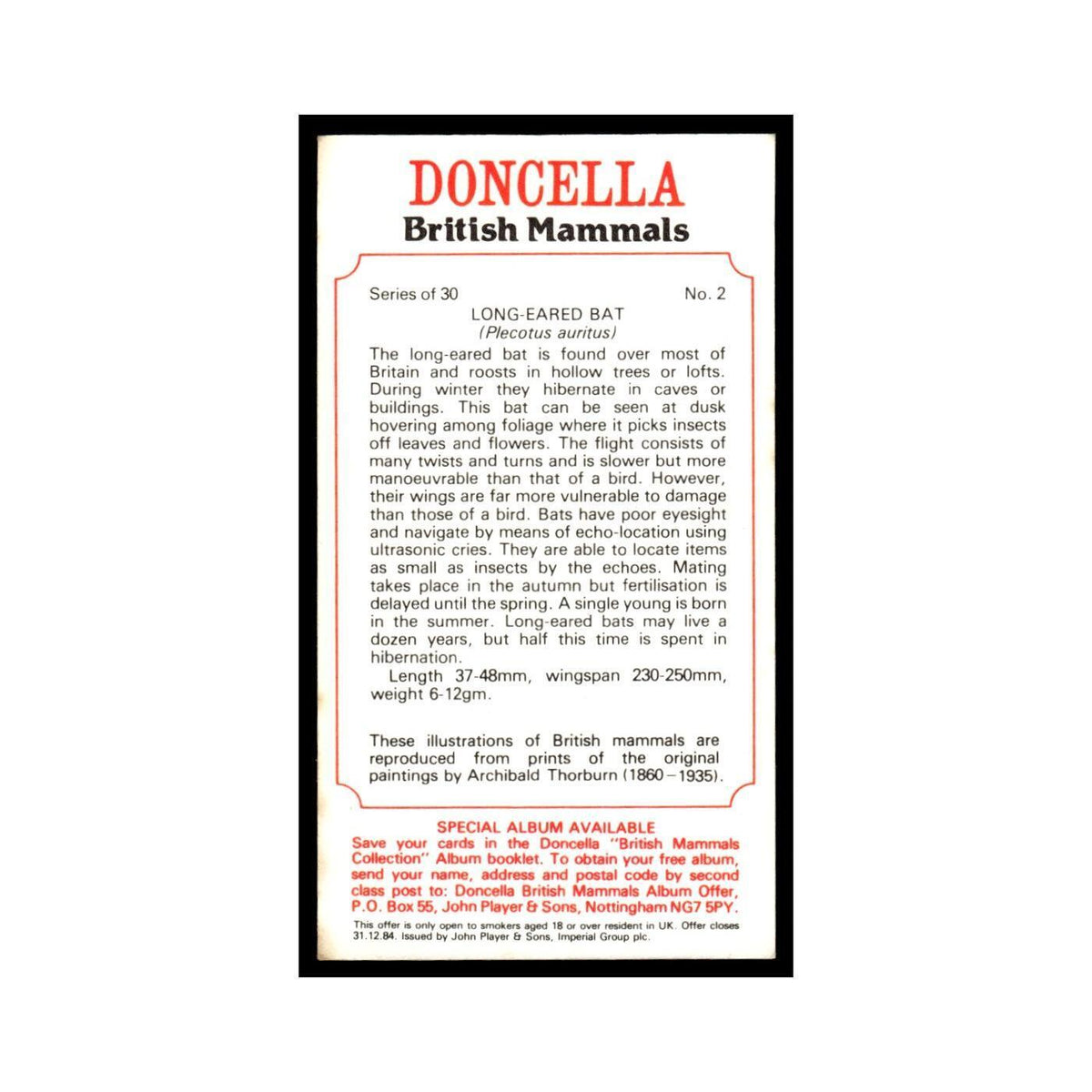 1983 Doncella Cigars British Mammals Long Eared Bat #2