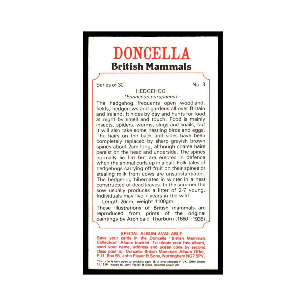 1983 Doncella Cigars British Mammals Hedgehog #3