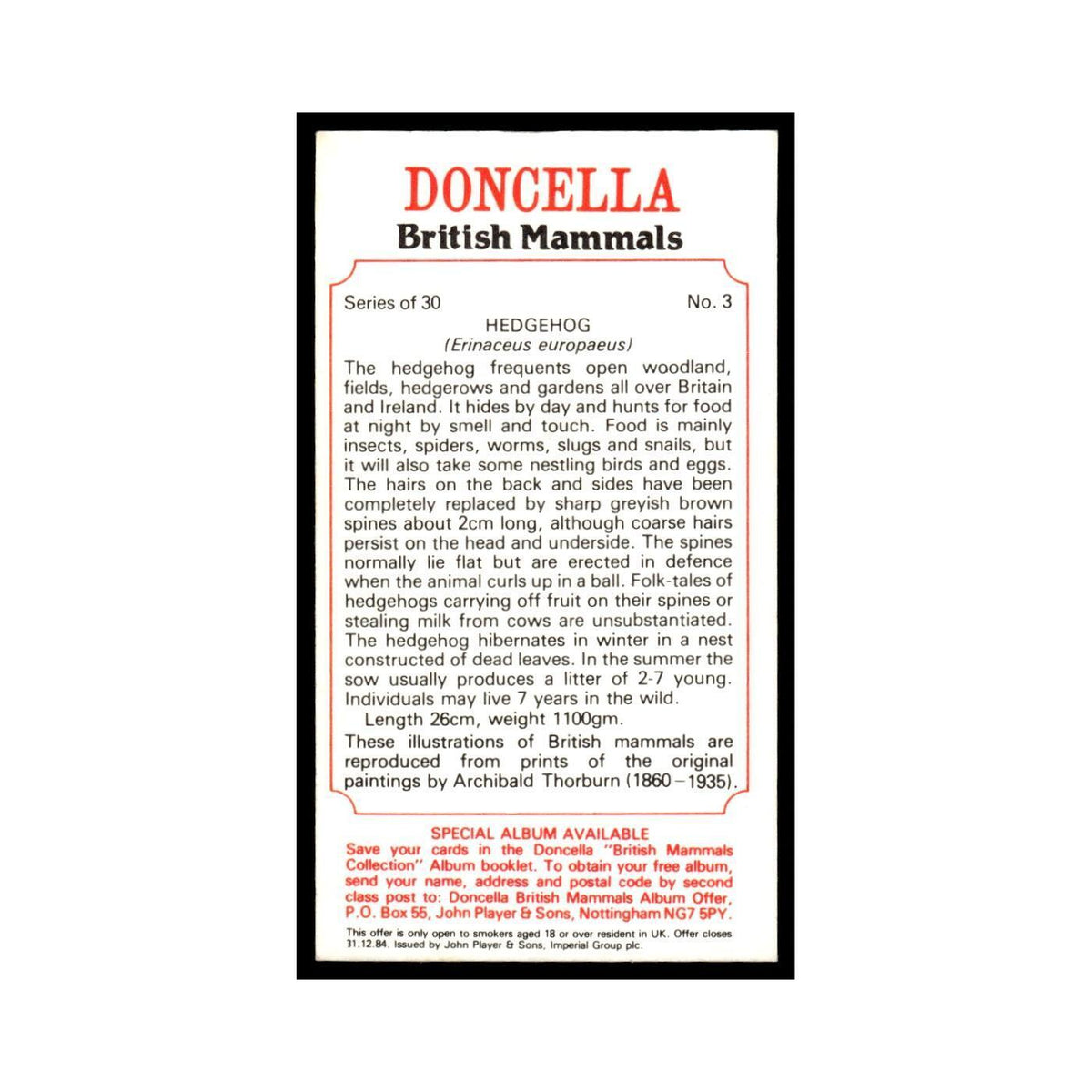 1983 Doncella Cigars British Mammals Hedgehog #3