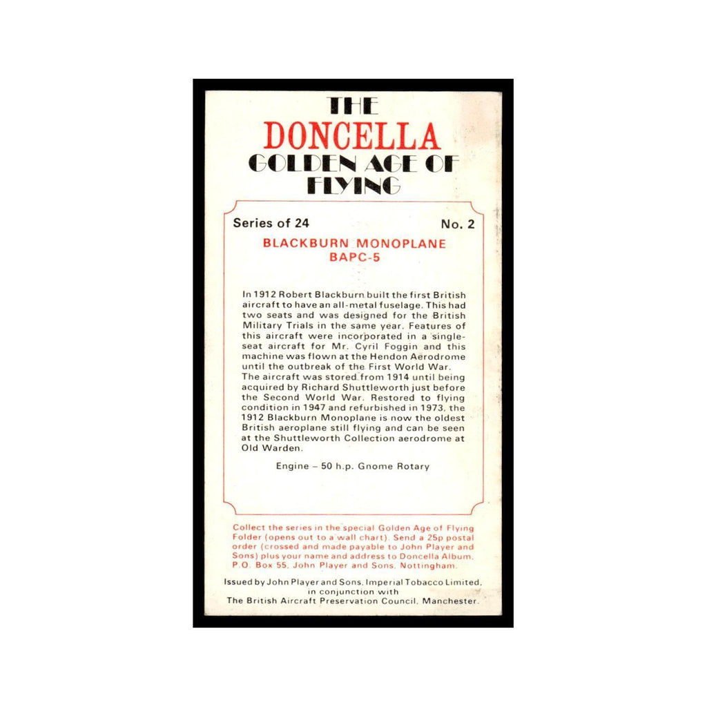 1977 Doncella Cigars Golden Age of Flying Blackburn Monoplane #2