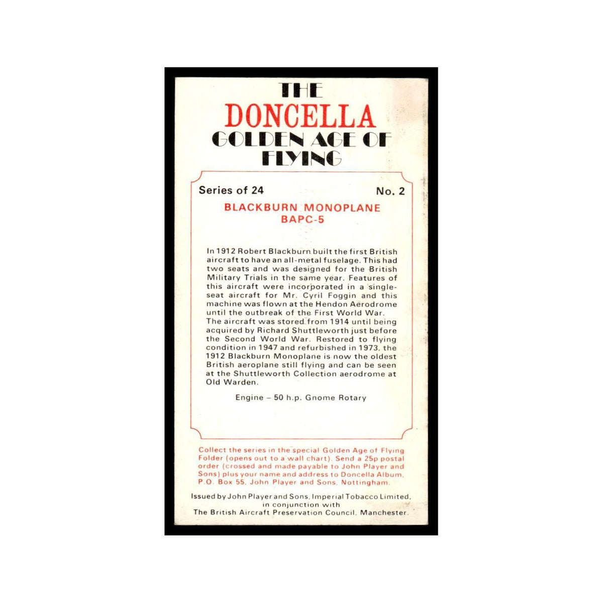 1977 Doncella Cigars Golden Age of Flying Blackburn Monoplane #2