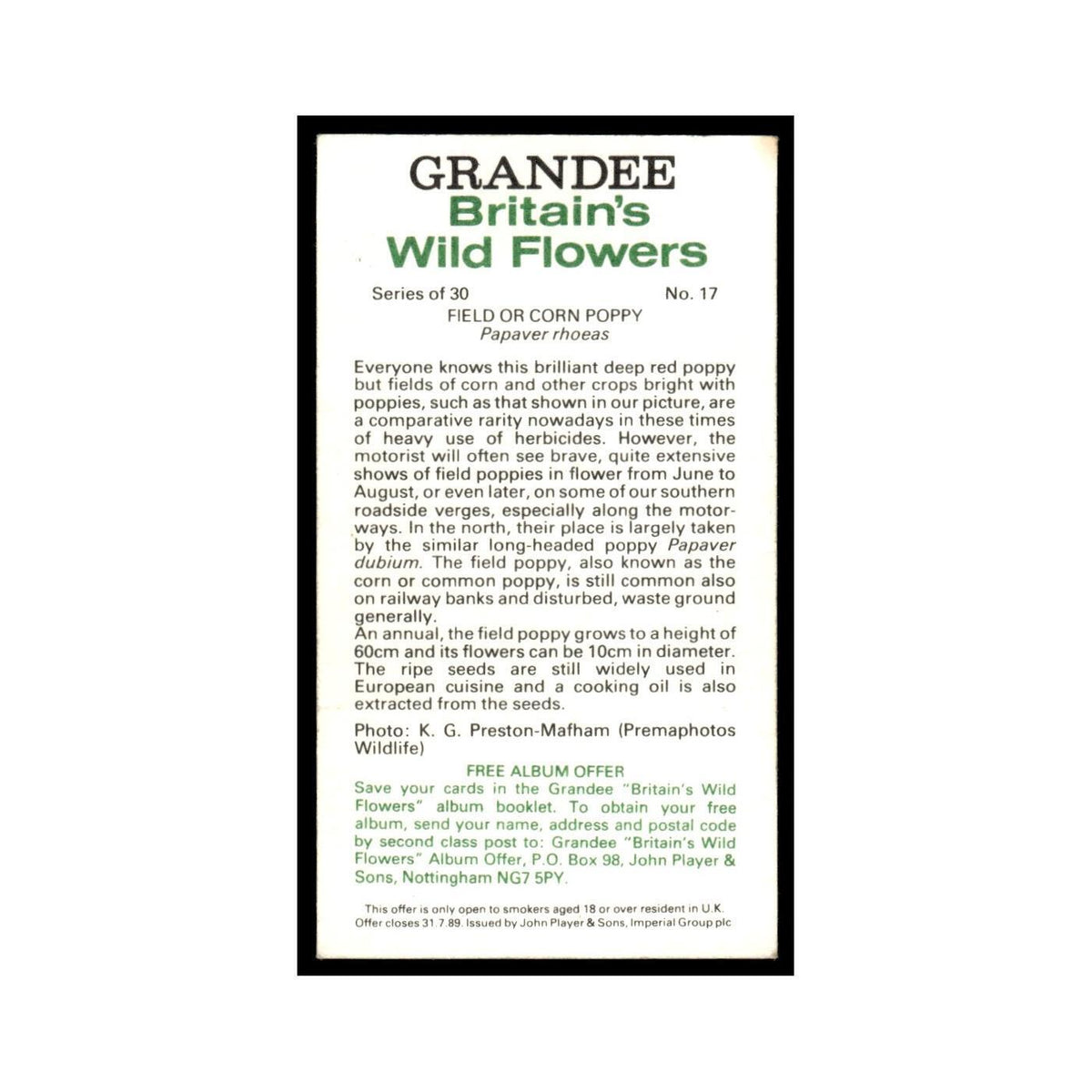 1986 Grandee Britain's Wild Flowers Field Cor Poppy #17