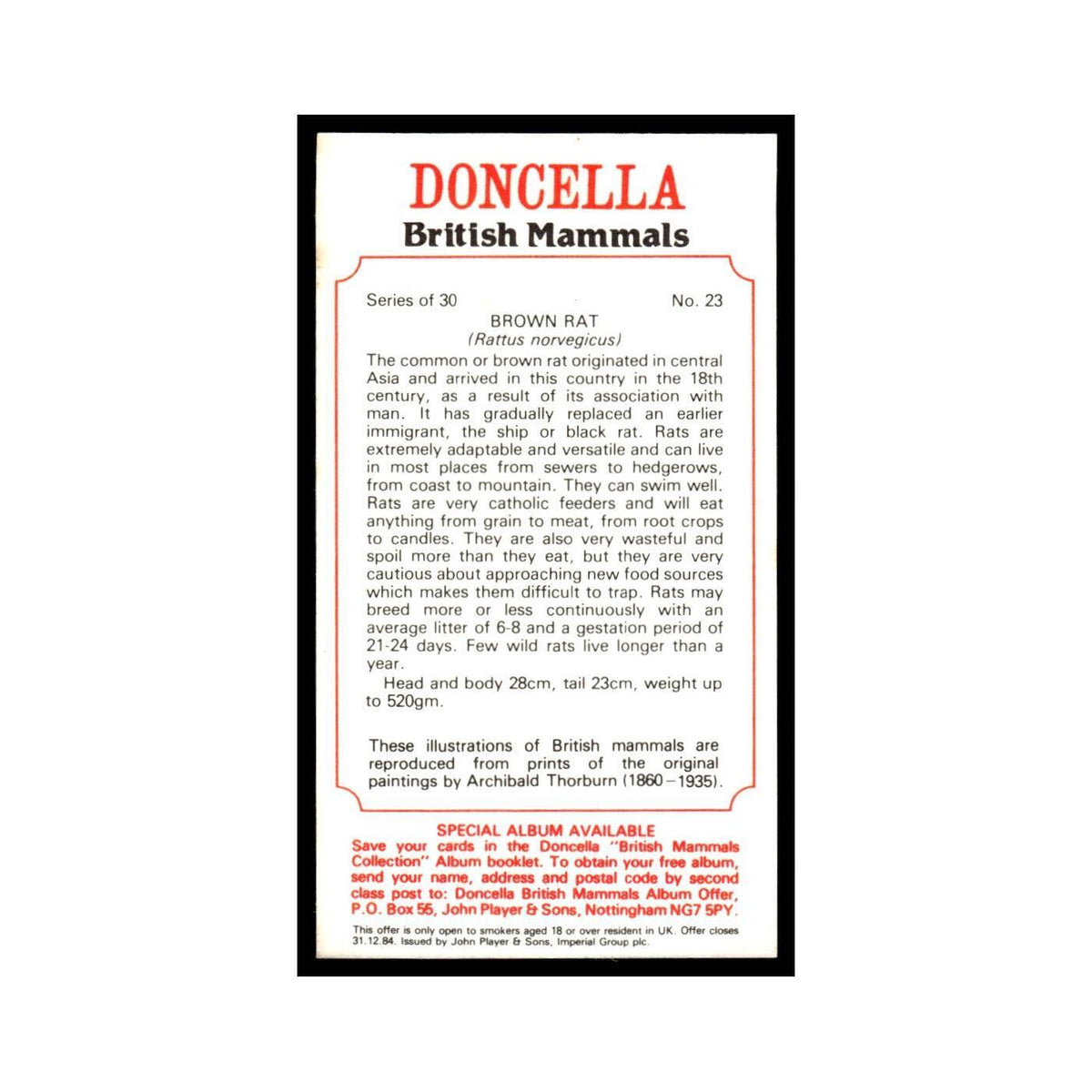 1983 Doncella Cigars British Mammals Brown Rat #23