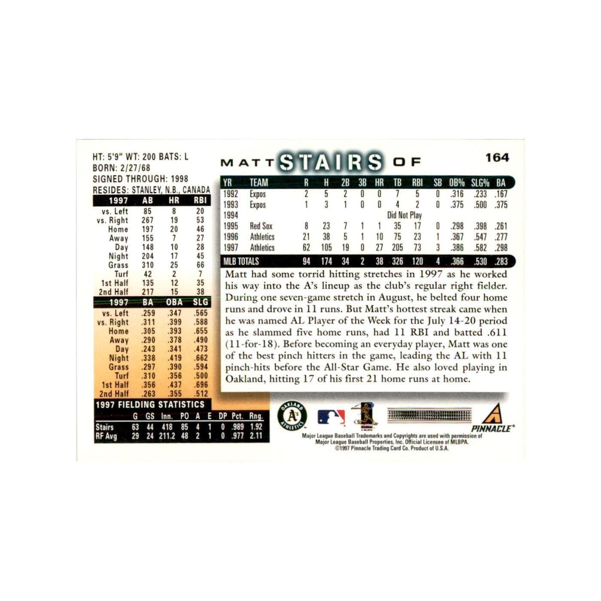 1998 Score Matt Stairs Baseball Cards #164