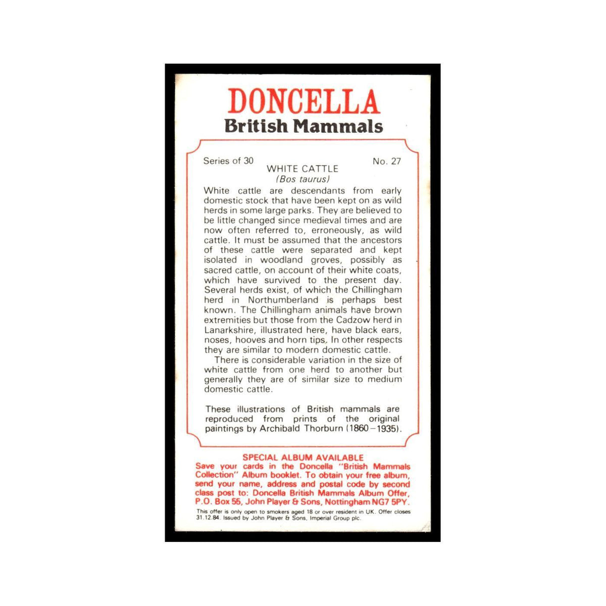 1983 Doncella Cigars British Mammals White Cattle #27