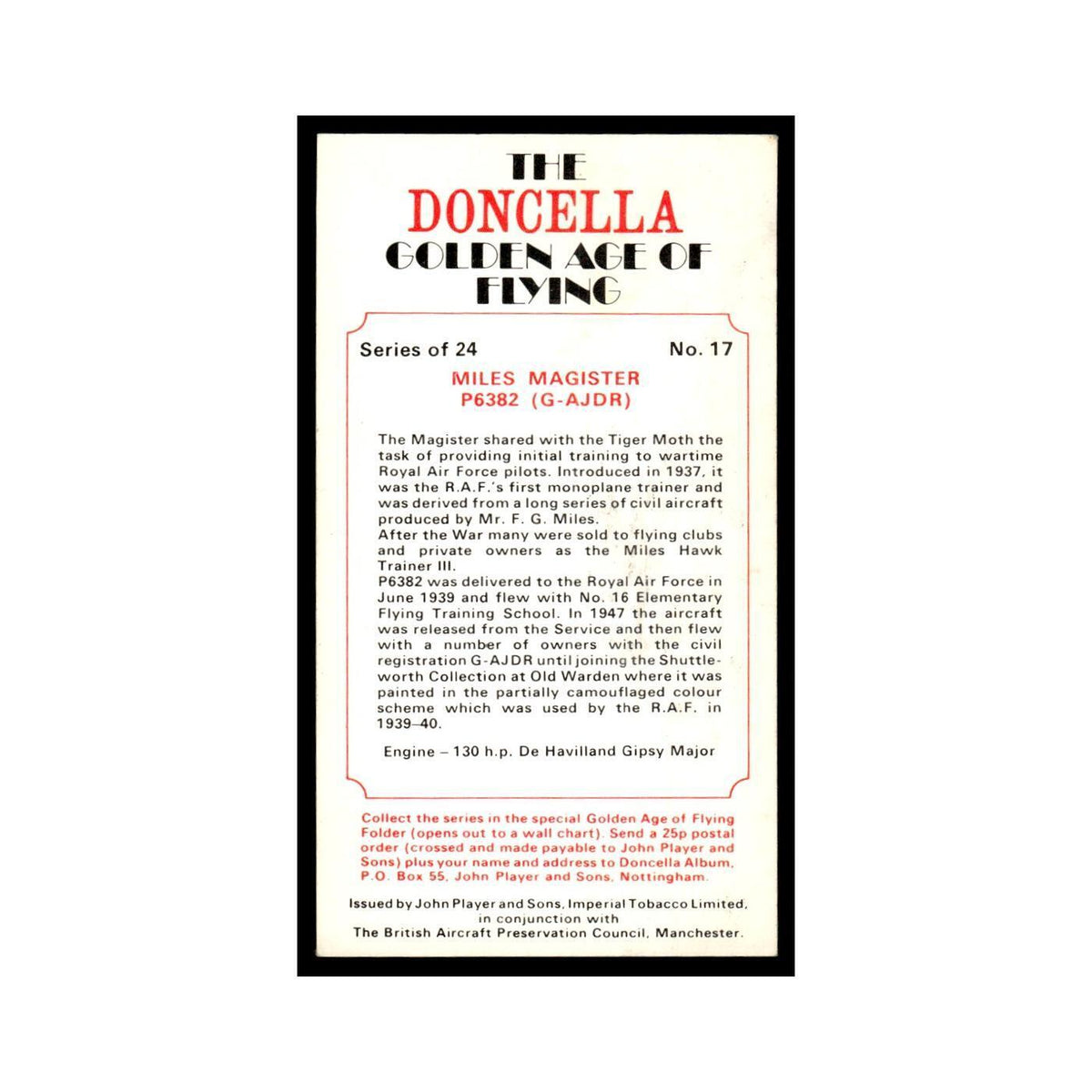 1977 Doncella Cigars Golden Age of Flying Miles Magister #17