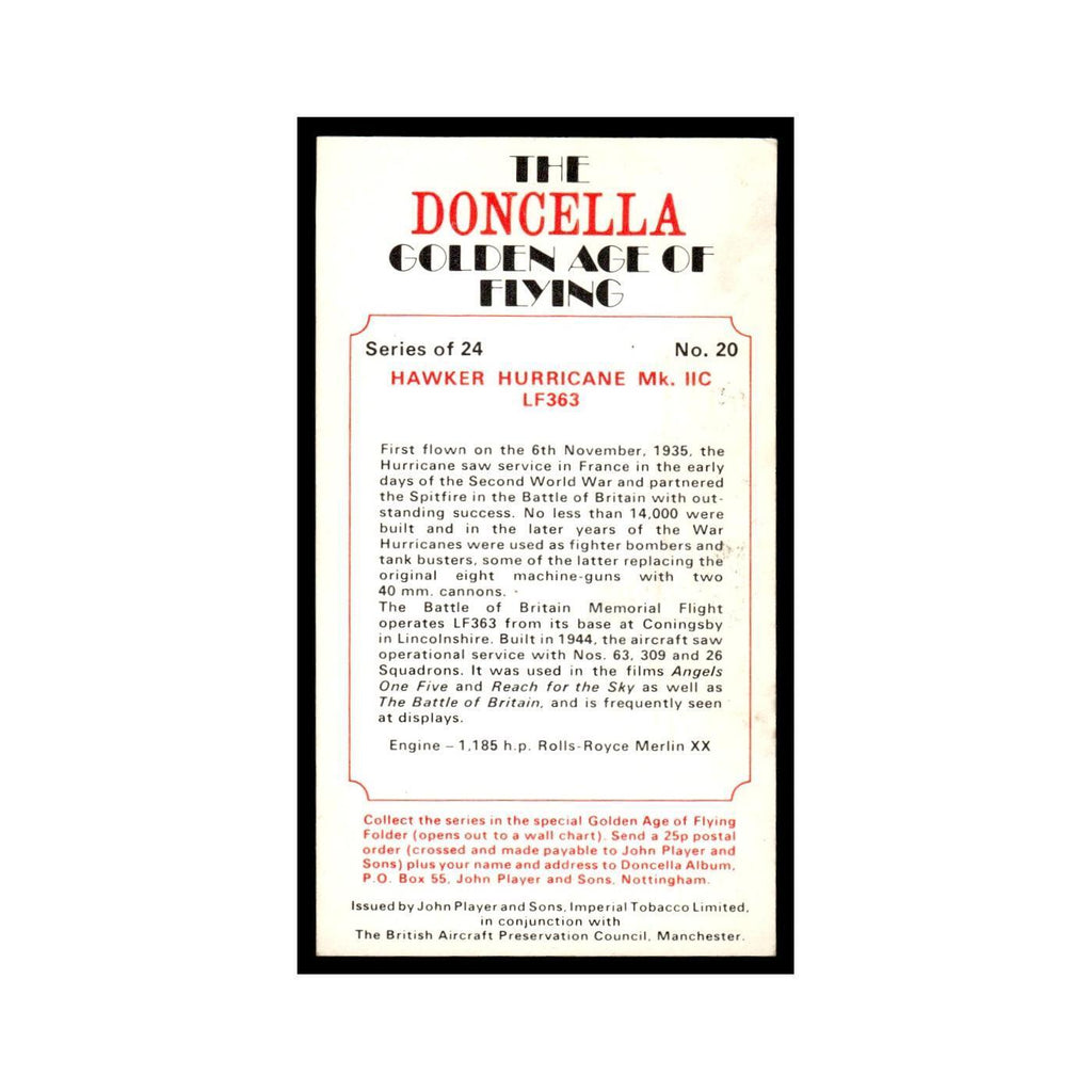 1977 Doncella Cigars Golden Age of Flying Hawker Hurricane #20