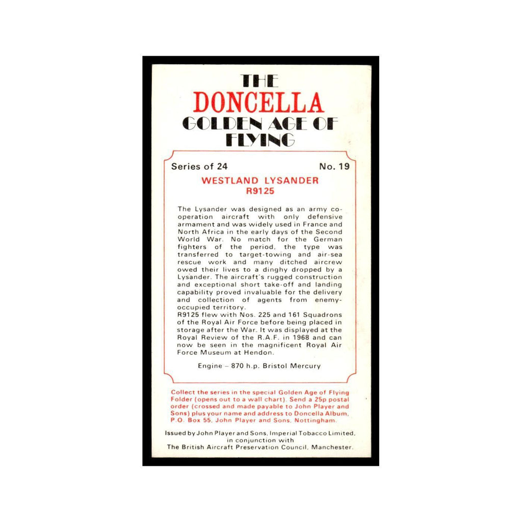 1977 Doncella Cigars Golden Age of Flying Westland Lysander #19