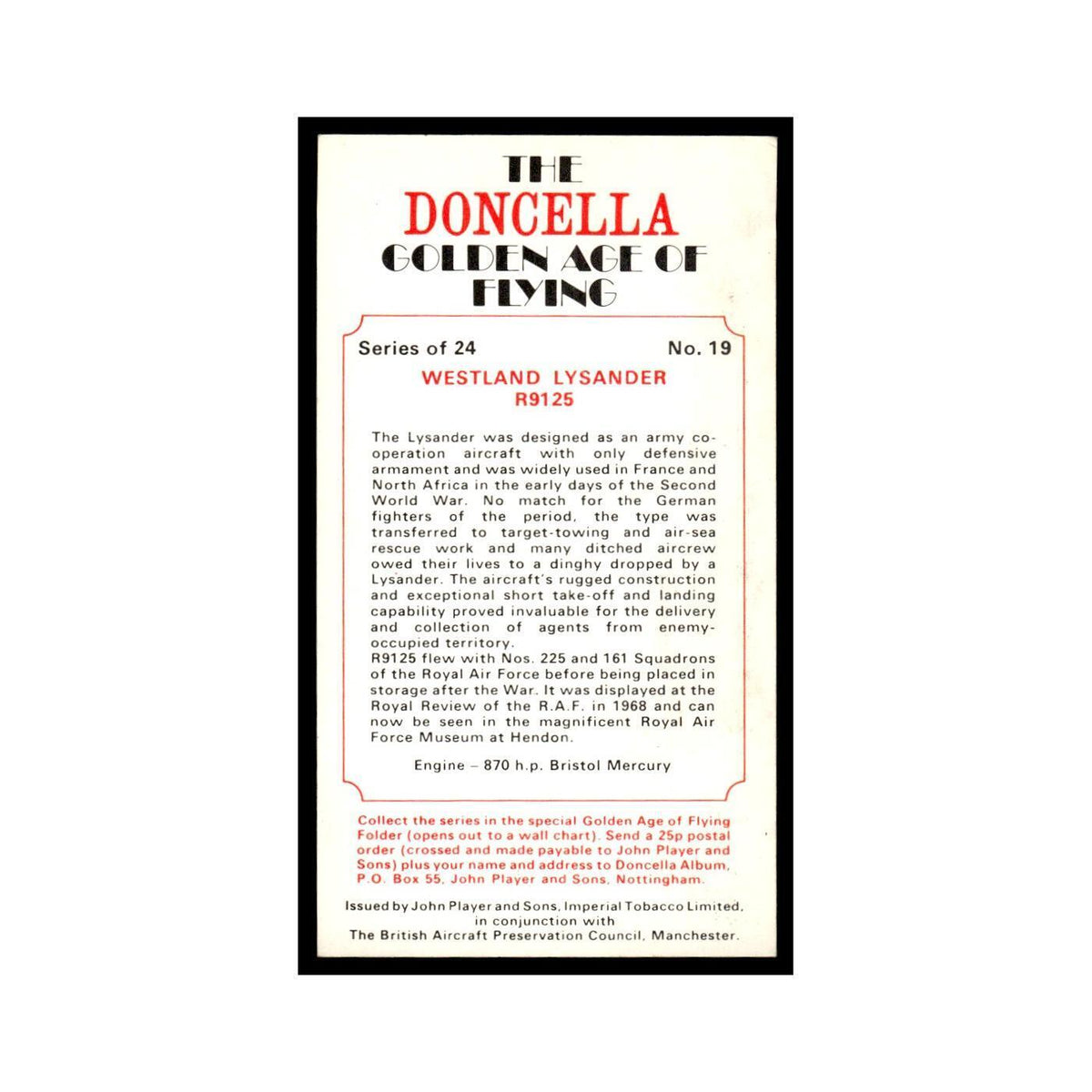 1977 Doncella Cigars Golden Age of Flying Westland Lysander #19