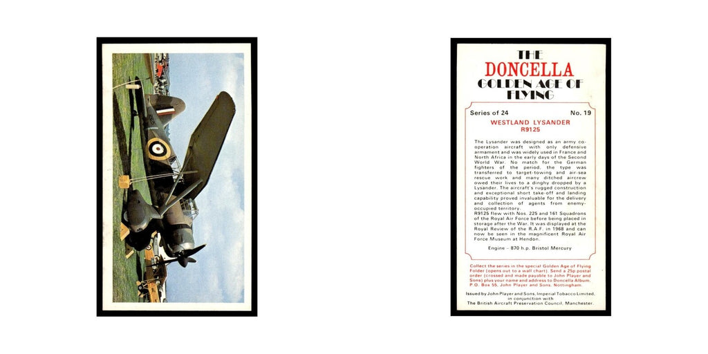 1977 Doncella Cigars Golden Age of Flying Westland Lysander #19