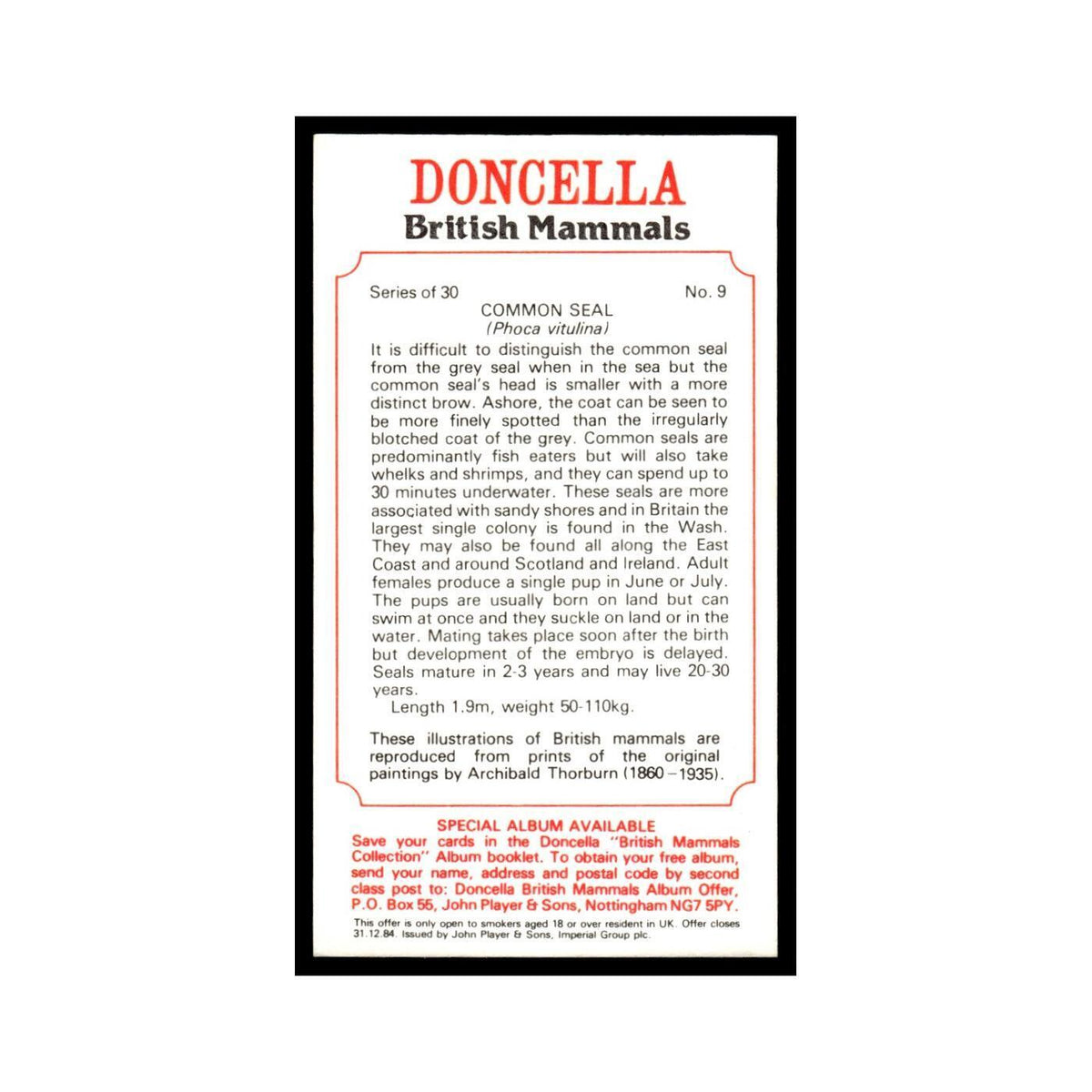 1983 Doncella Cigars British Mammals Common Seal #9