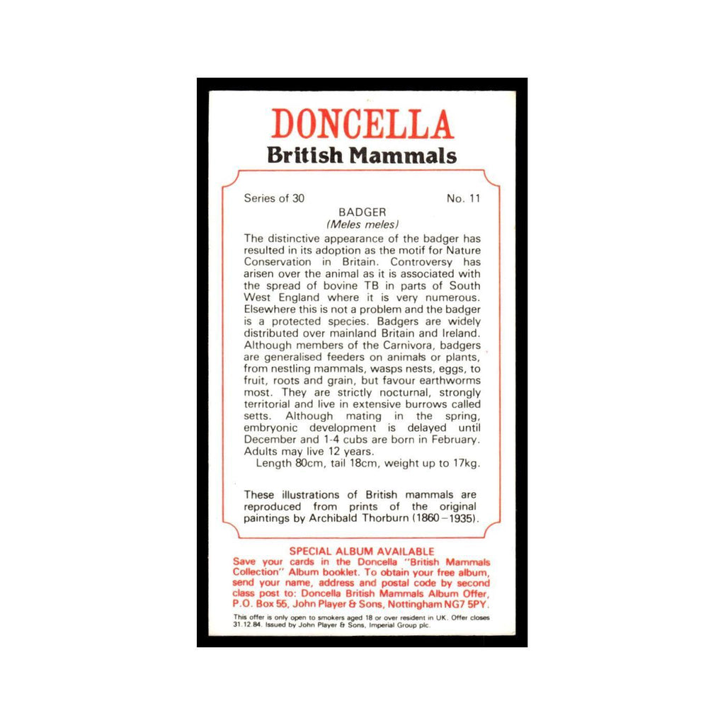 1983 Doncella Cigars British Mammals Badger #11