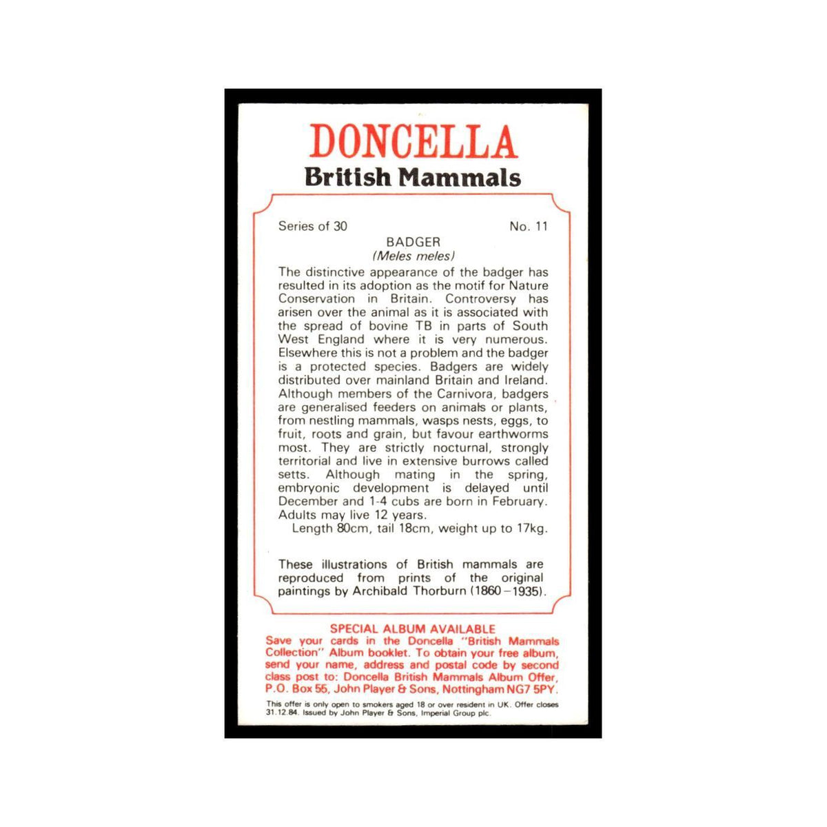 1983 Doncella Cigars British Mammals Badger #11