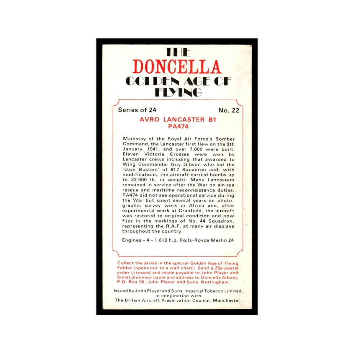 1977 Doncella Cigars Golden Age of Flying Avro Lancaster #22