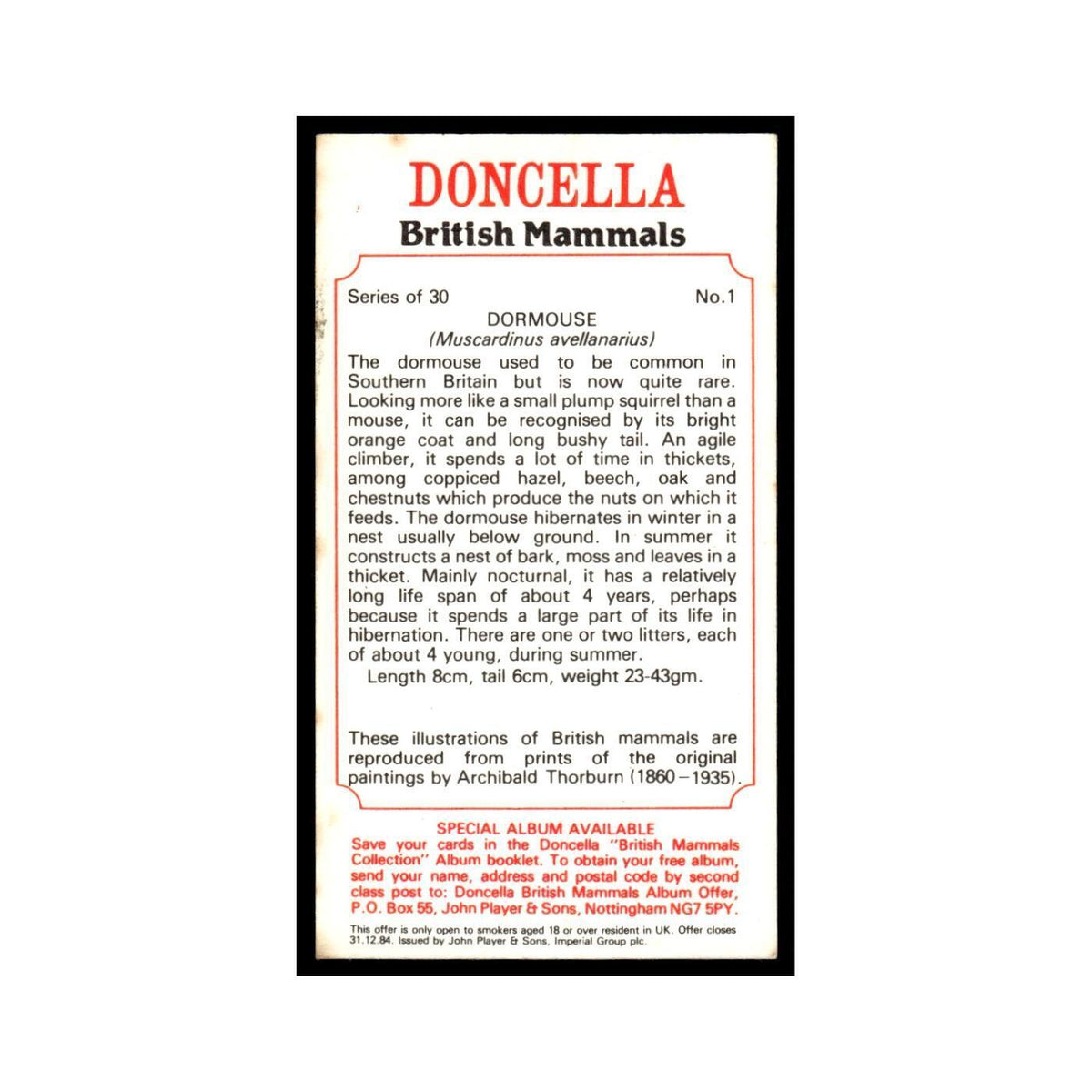 1983 Doncella Cigars British Mammals Dormouse #1