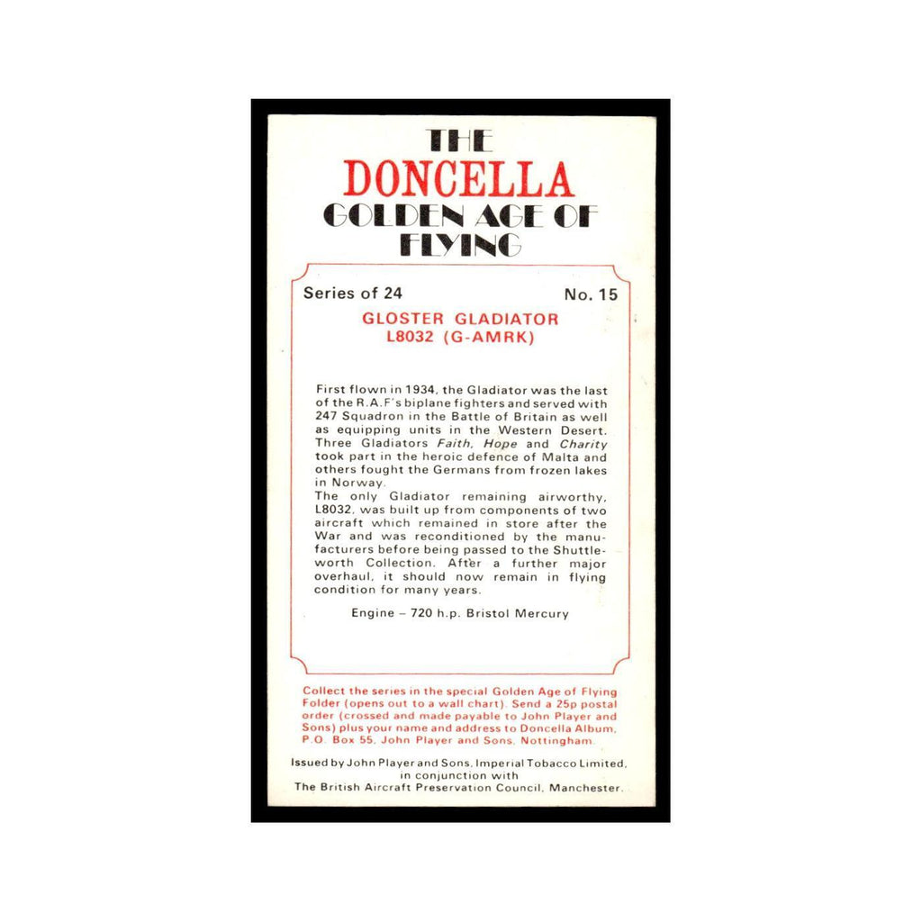 1977 Doncella Cigars Golden Age of Flying Gloster Gladiator #15