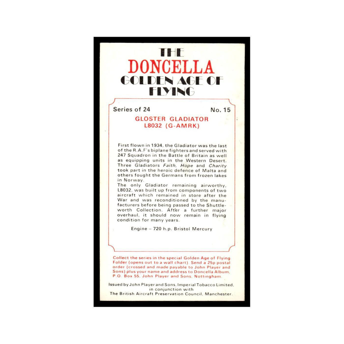 1977 Doncella Cigars Golden Age of Flying Gloster Gladiator #15
