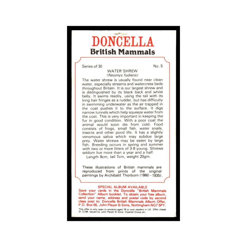 1983 Doncella Cigars British Mammals Water Shrew #5