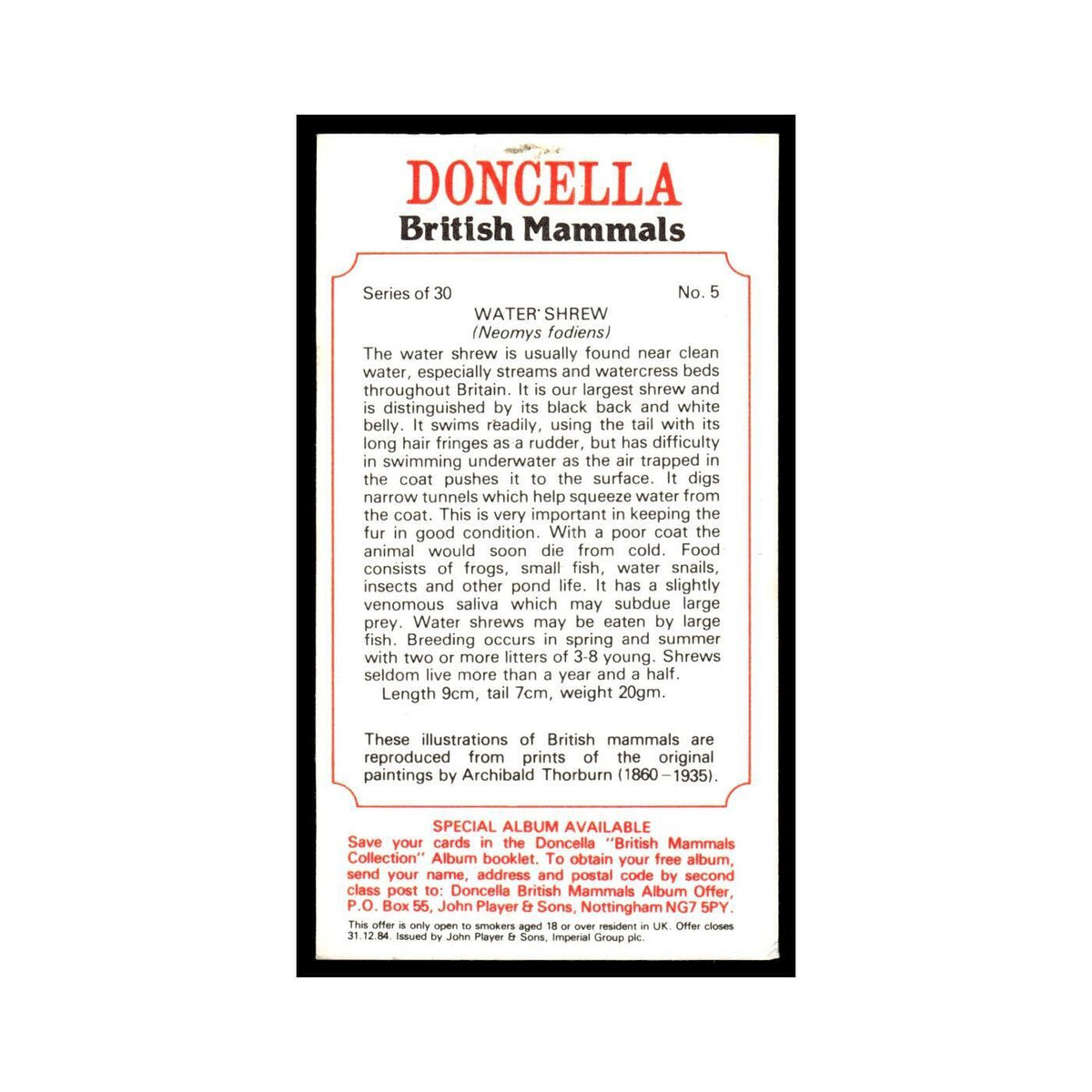 1983 Doncella Cigars British Mammals Water Shrew #5