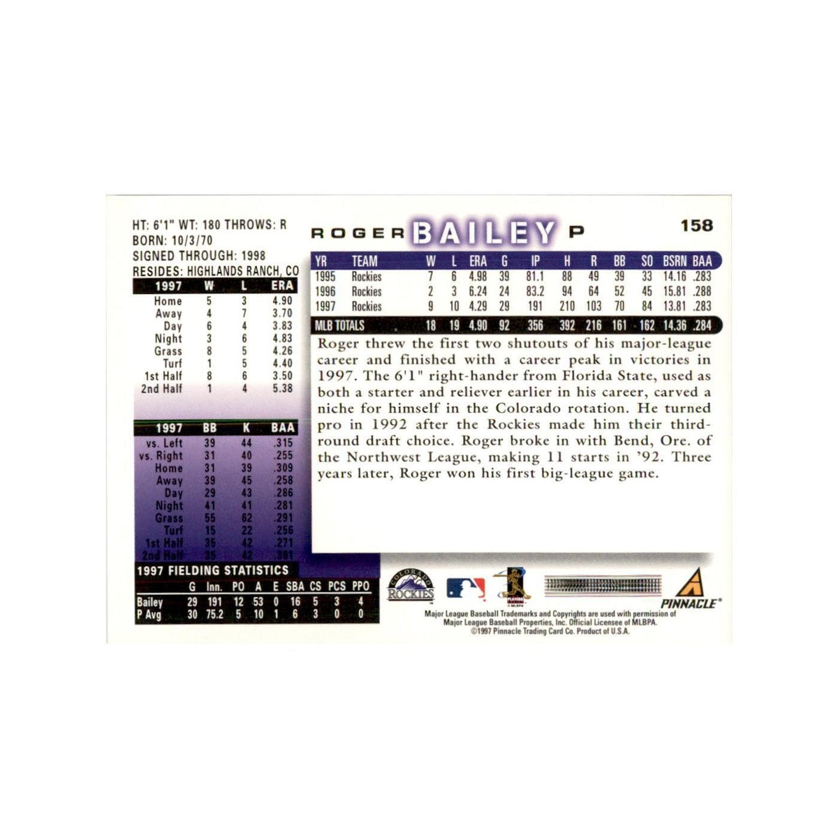 1998 Score Roger Bailey Baseball Cards #158