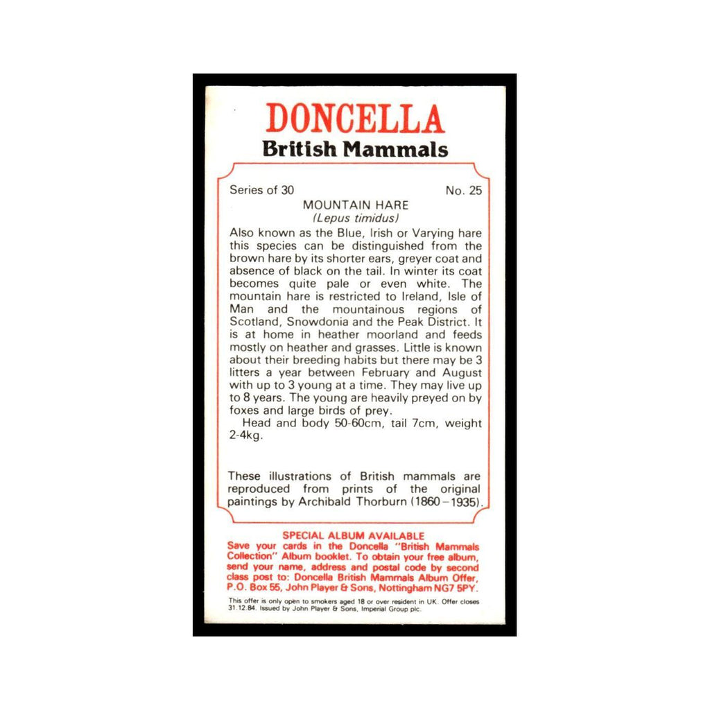 1983 Doncella Cigars British Mammals Mountain Hare #25