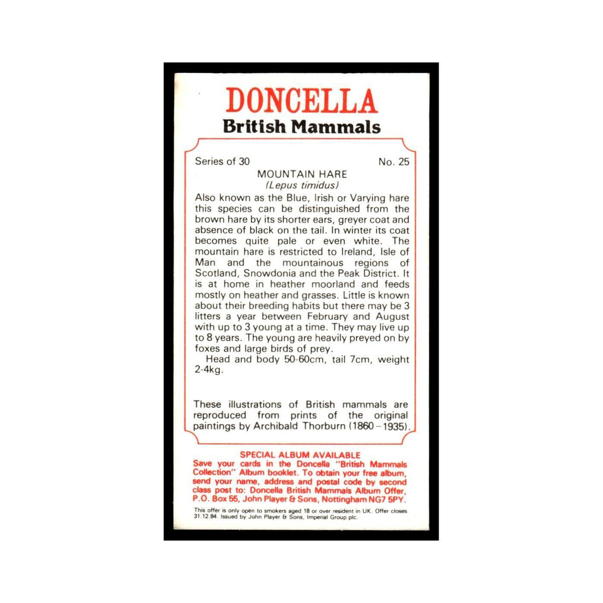 1983 Doncella Cigars British Mammals Mountain Hare #25