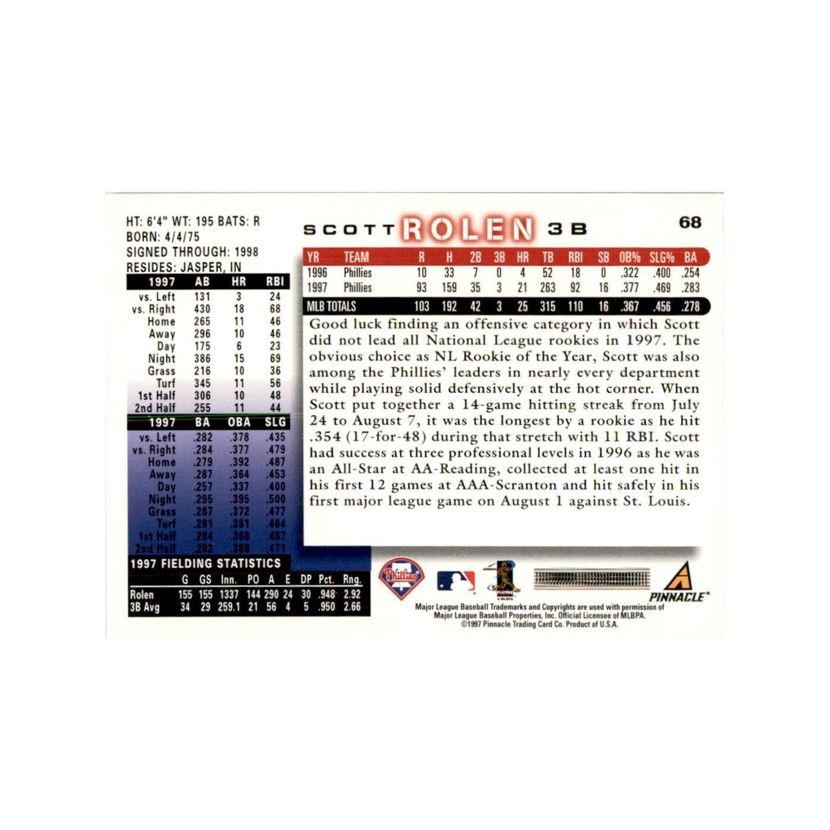 1998 Score Scott Rolen Baseball Cards #68