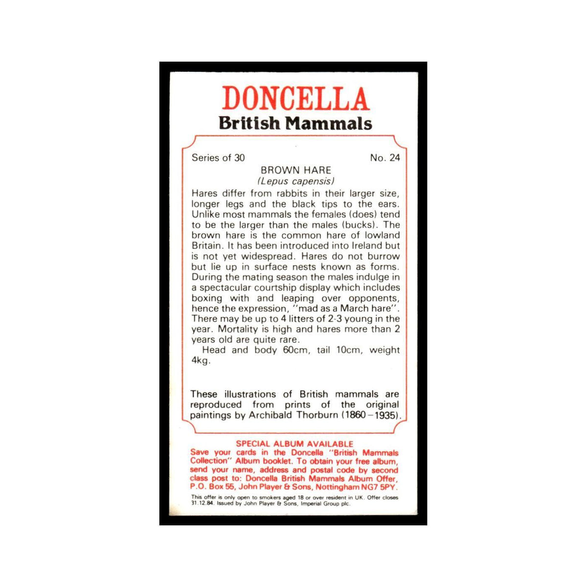 1983 Doncella Cigars British Mammals Brown Hare #24