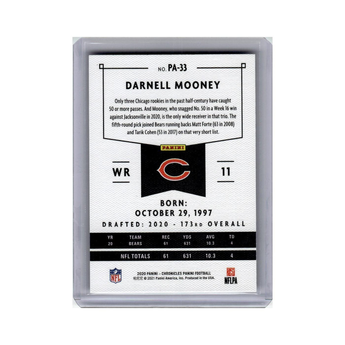Darnell Mooney Rookie 2020 Panini Chronicles #PA-33 Chicago Bears NM