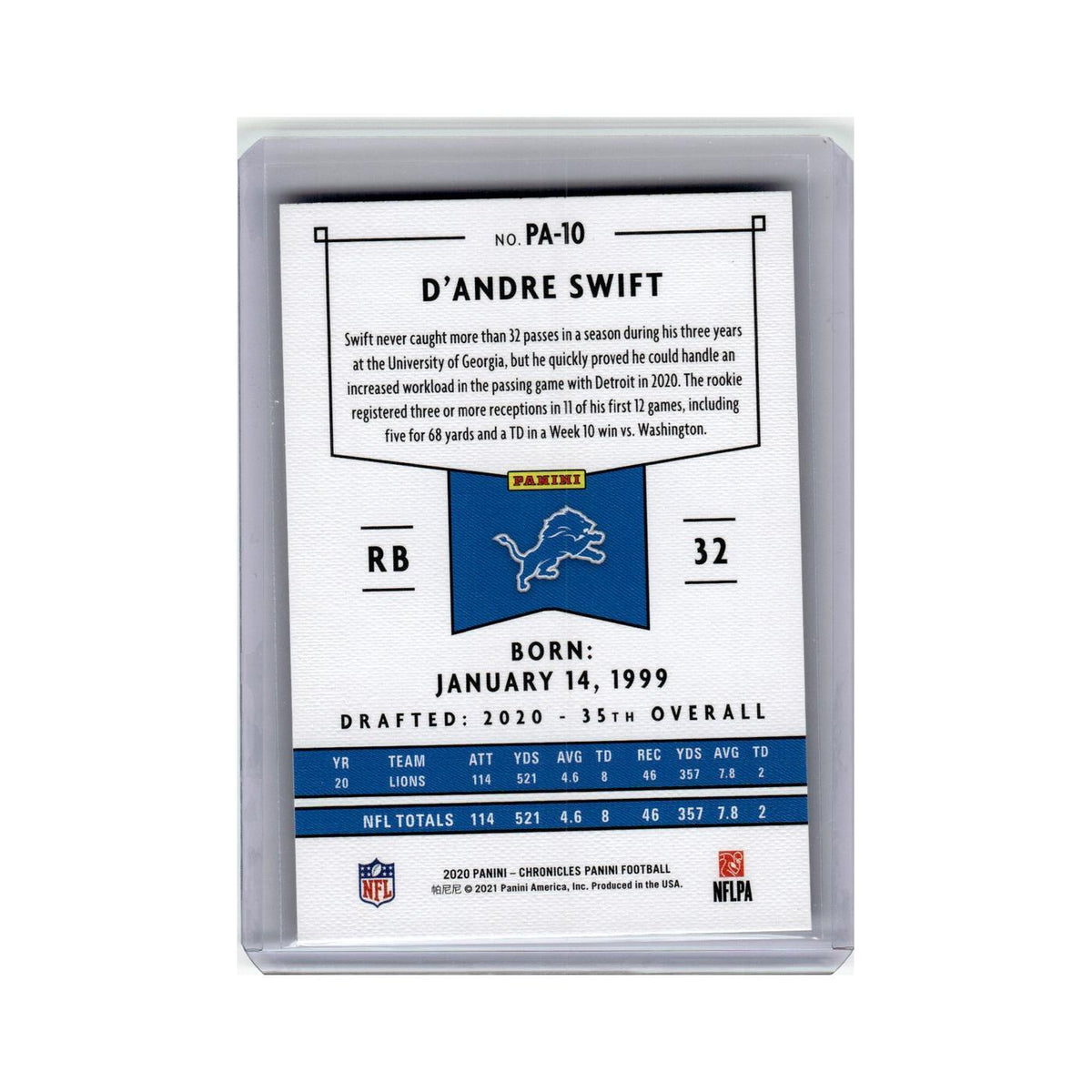 D'Andre Swift Rookie 2020 Panini Chronicles #PA-10 Detroit Lions NM