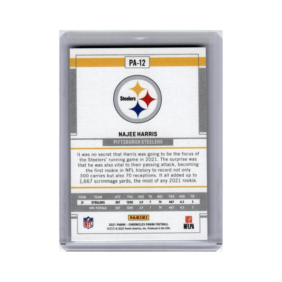 Najee Harris Rookie 2021 Panini Chronicles #PA-12 Pittsburgh Steelers NM