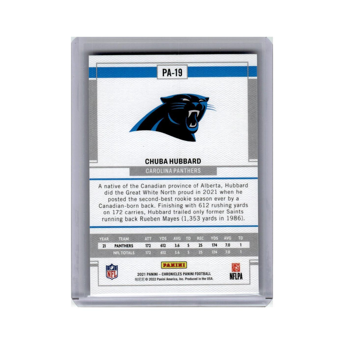 Chuba Hubbard Rookie 2021 Panini Chronicles #PA-19 Carolina Panthers NM