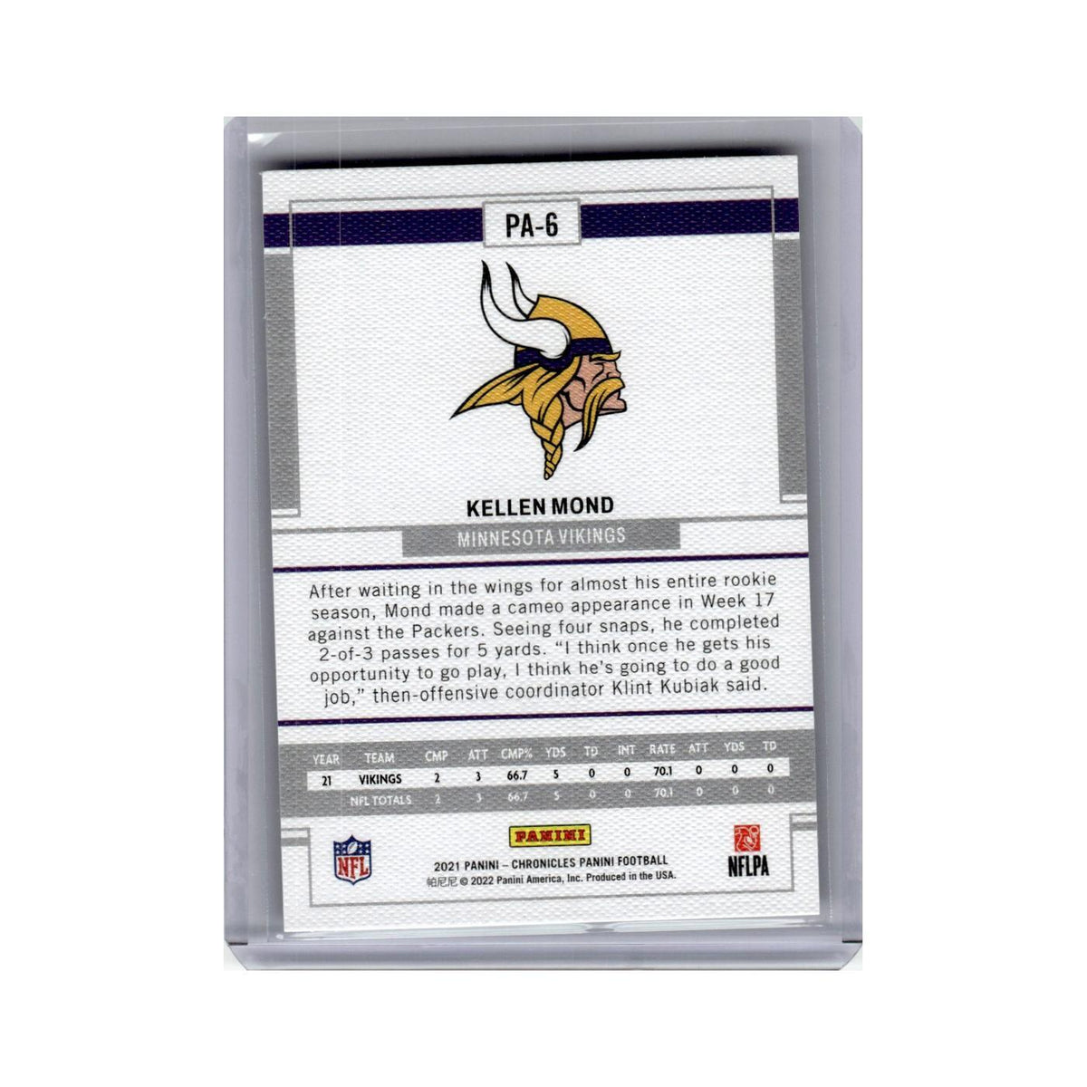 Kellen Mond Rookie 2021 Panini Chronicles #PA-6 Minnesota Vikings NM