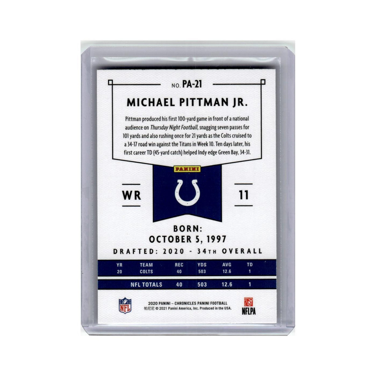 Michael Pittman Jr. Rookie 2020 Panini Chronicles #PA-21 Indianapolis Colts NM