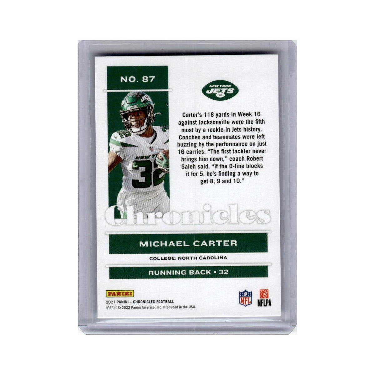 Michael Carter Rookie 2021 Panini Chronicles #87 New York Jets Football Card NM
