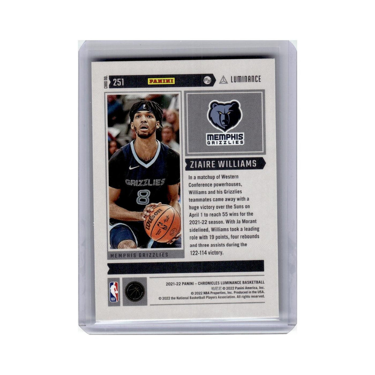 Ziaire Williams Rookie 2021 Panini Chronicles Luminance #251 Grizzlies NM