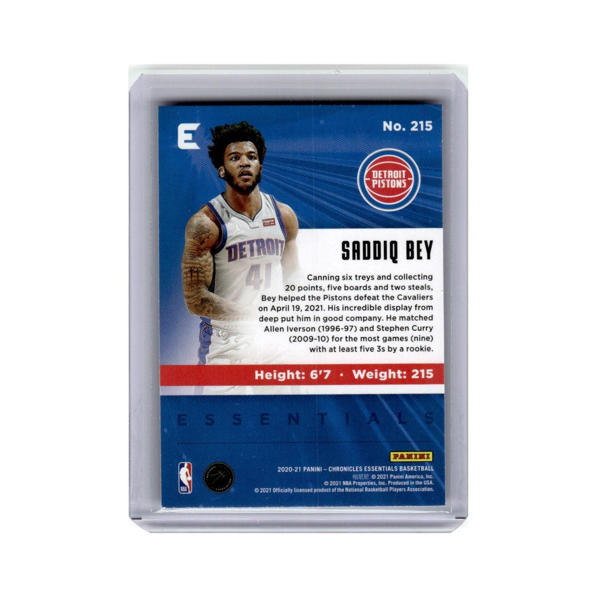 Saddiq Bey Rookie 2020 Panini Chronicles Essentials #215 Detroit Pistons NM